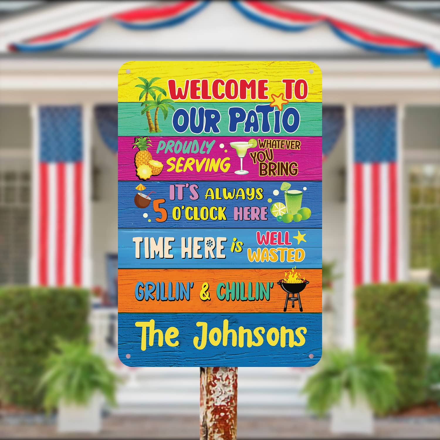 11. Welcome to Our Patio (Sample Design) Metal Sign Mockup 13