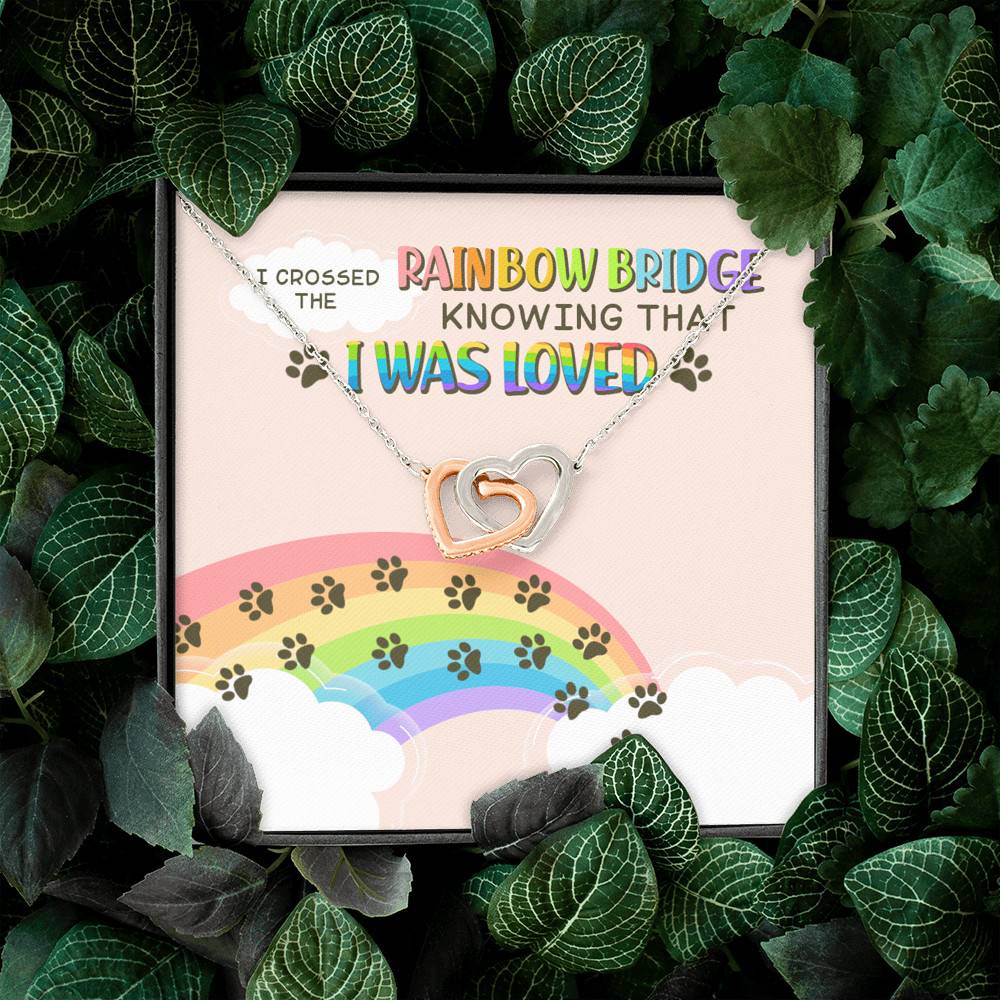 Dog Mom I Crossed the Rainbow Bridge Knowing That I Was Loved Interlocking Hearts Pendant Necklace