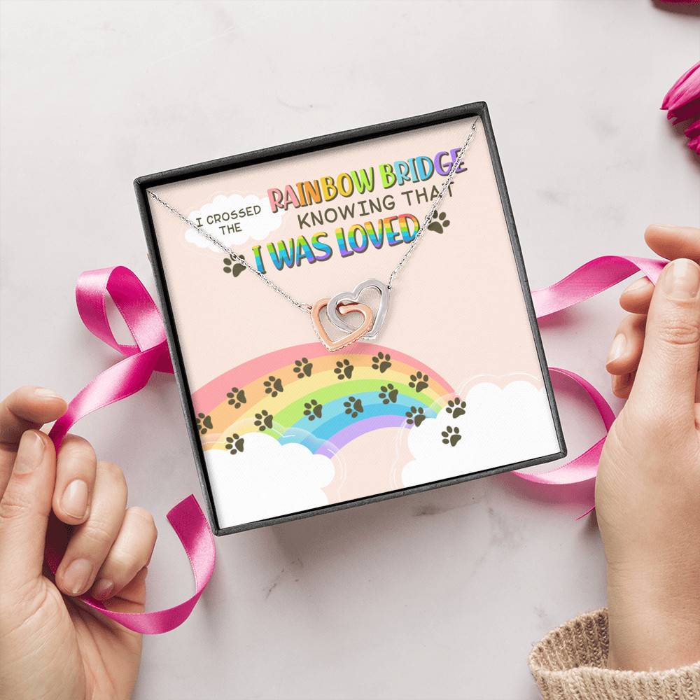 Dog Mom I Crossed the Rainbow Bridge Knowing That I Was Loved Interlocking Hearts Pendant Necklace