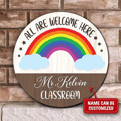 Custom Classroom Sign All Are Welcome Here Decorative Circle Wooden Door Sign - Front Porch Sign