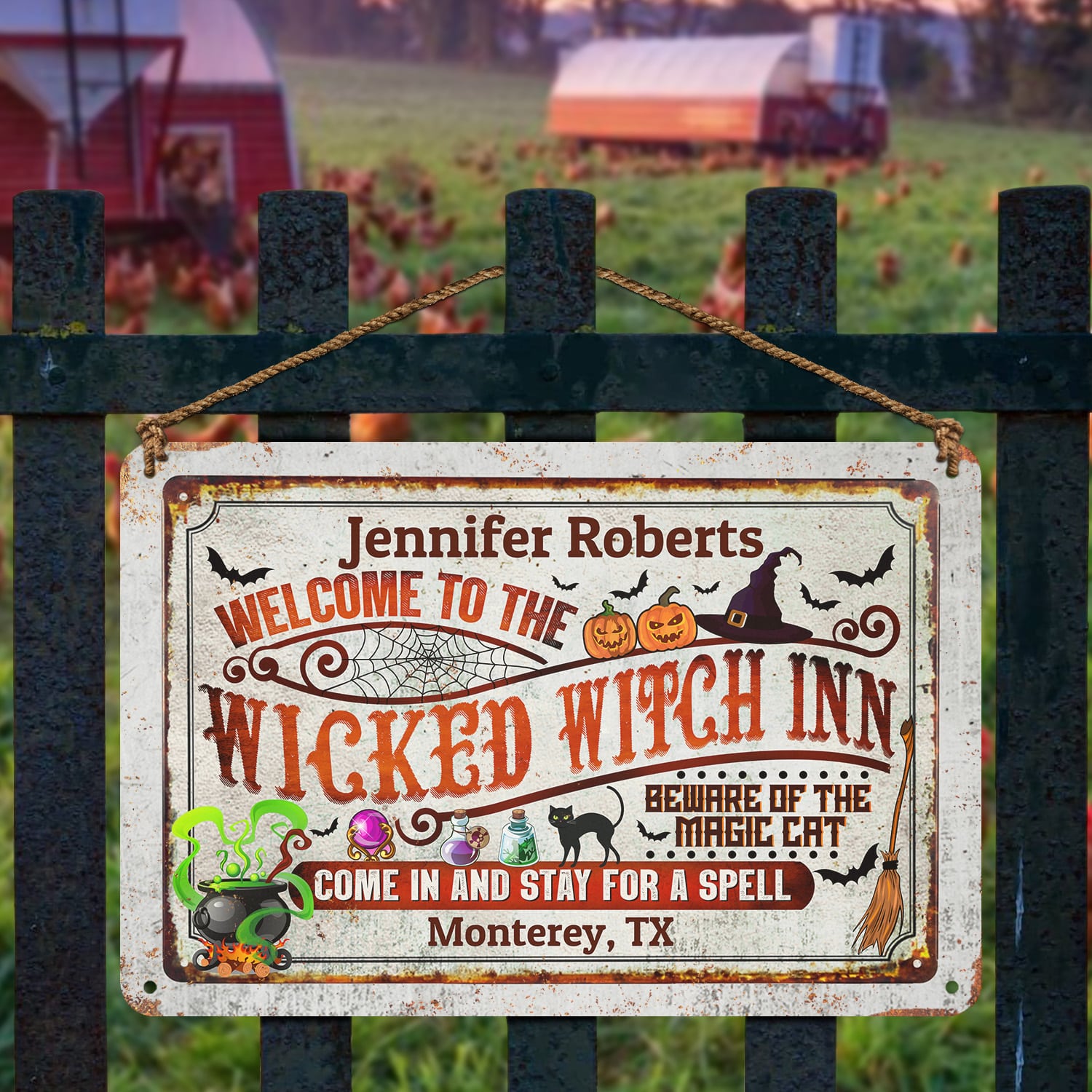 13. Welcome Wicked Witch Inn (Sample Design) Metal Sign Mockup 2