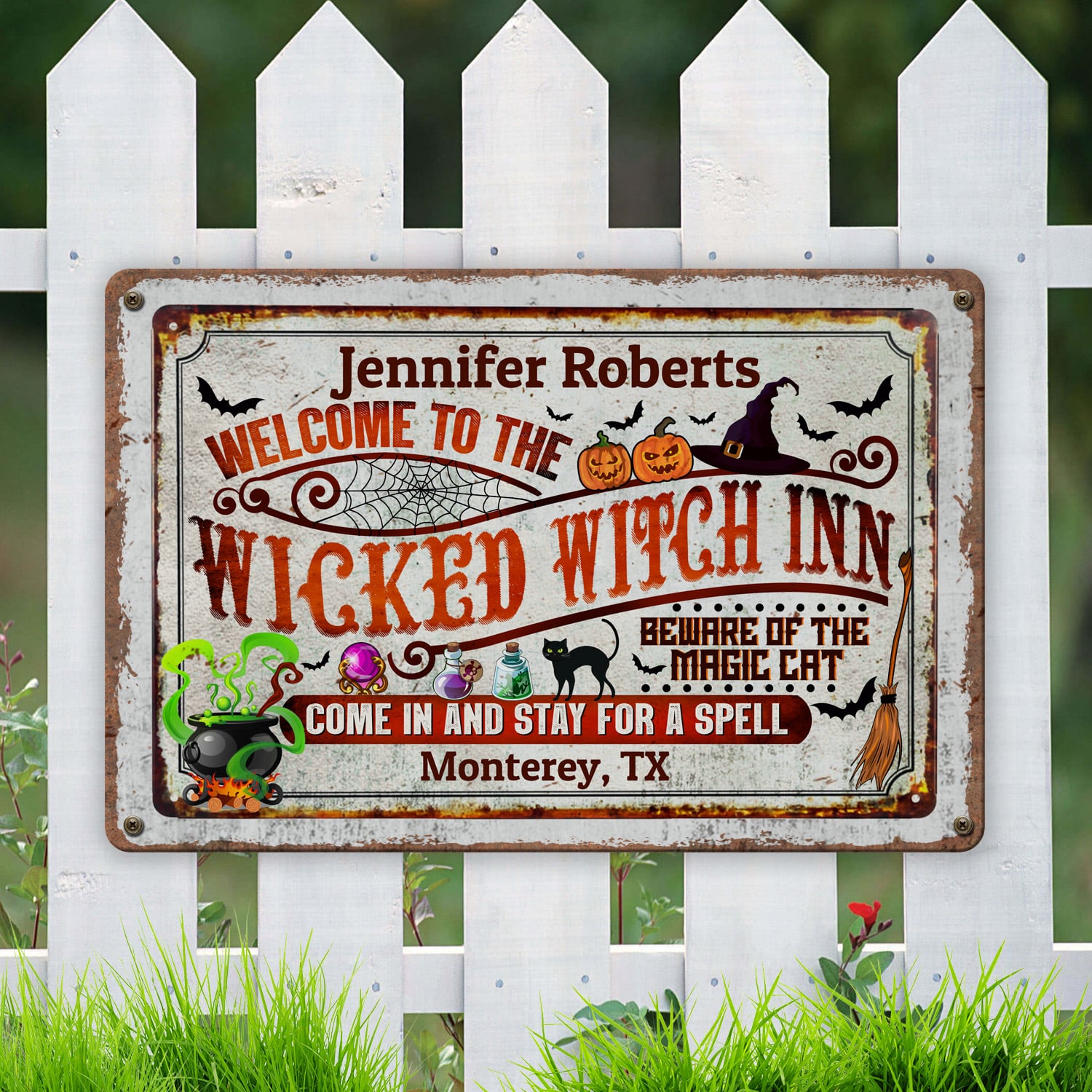 13. Welcome Wicked Witch Inn (Sample Design) Metal Sign Mockup 6