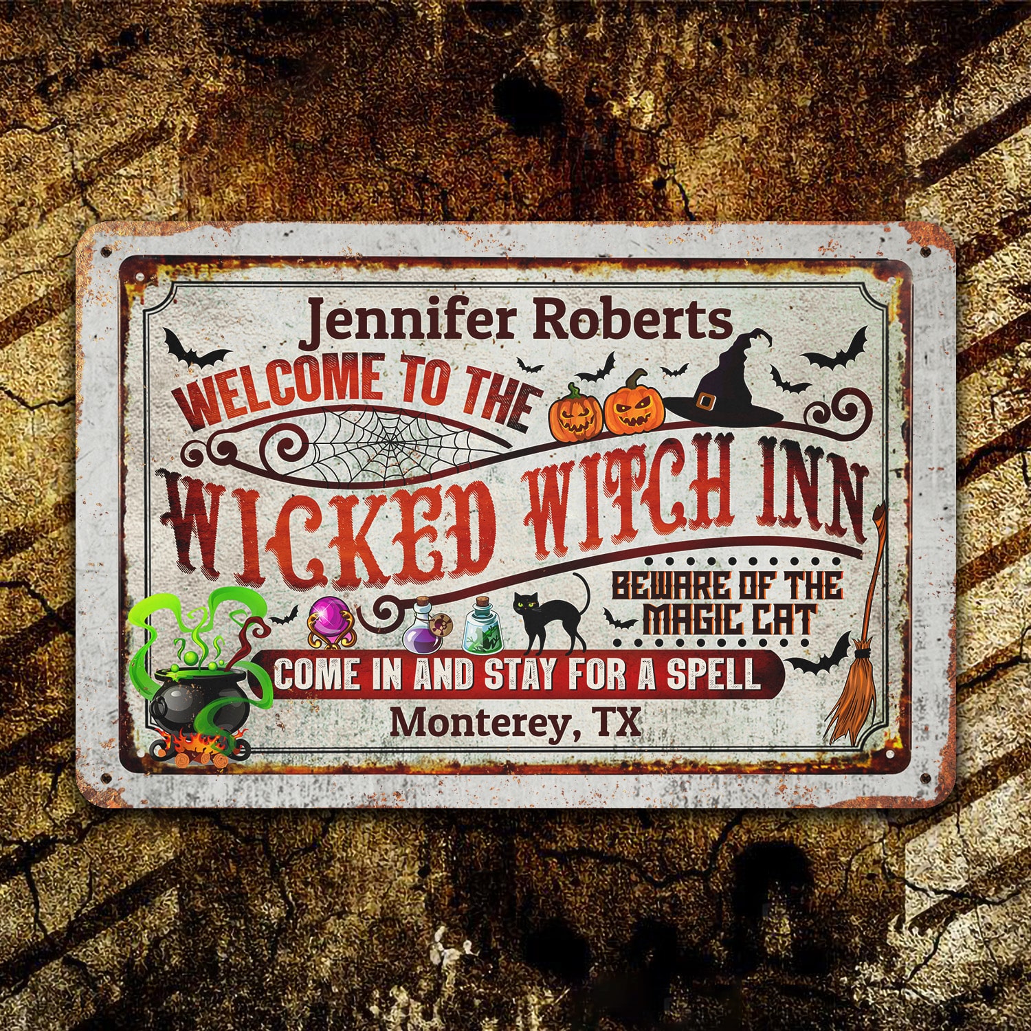 13. Welcome Wicked Witch Inn (Sample Design) Metal Sign Mockup 10