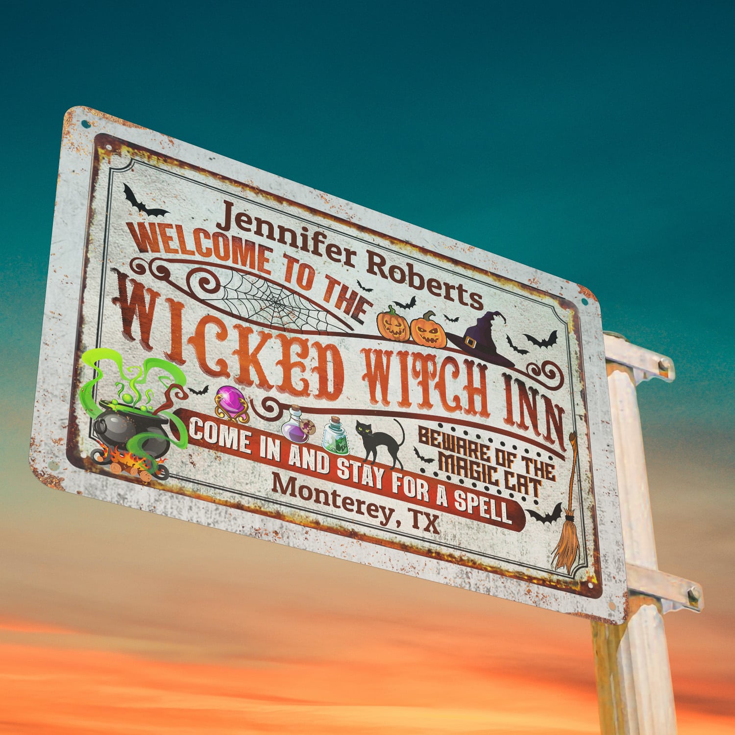 13. Welcome Wicked Witch Inn (Sample Design) Metal Sign Mockup 13