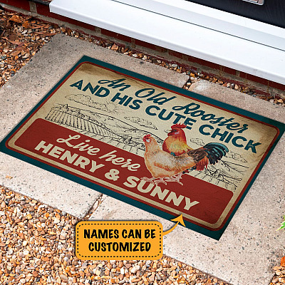 Alternative view of Personalized An Old Rooster And His Cute Chick Live Here House Doormat - Funny Chicken Couple Outdoor Indoor Doormat