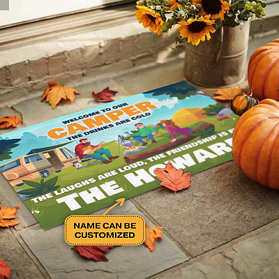 Alternative view of Personalized Family Name Welcome To Our Camper The Drinks Are Cold Doormat - Outdoor Indoor Doormat - Happy Camping Doormat