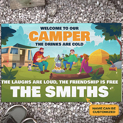 Personalized Family Name Welcome To Our Camper The Drinks Are Cold Doormat - Outdoor Indoor Doormat - Happy Camping Doormat