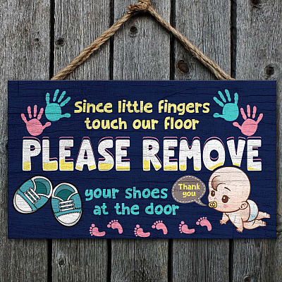Alternative view of Little Fingers Touch Floor Please Remove Your Shoes Rectangle Wooden Door Sign - Baby Room Door Sign