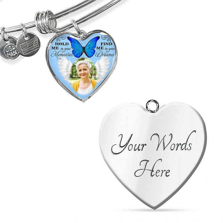 Hold Me In Your Memories Find Me In Your Dreams Personalized Photo Heart Pendant Necklace-Bangle