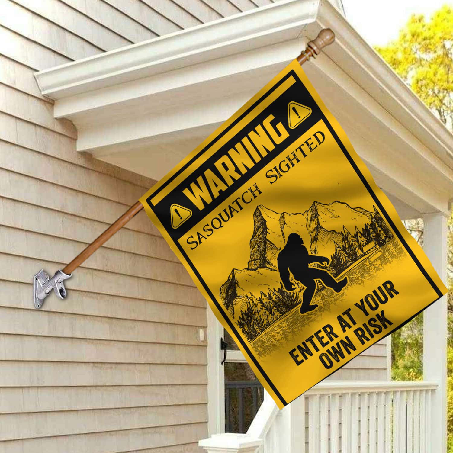 6BN. Sasquatch Sighted 30x40 House Flag Mockup 2