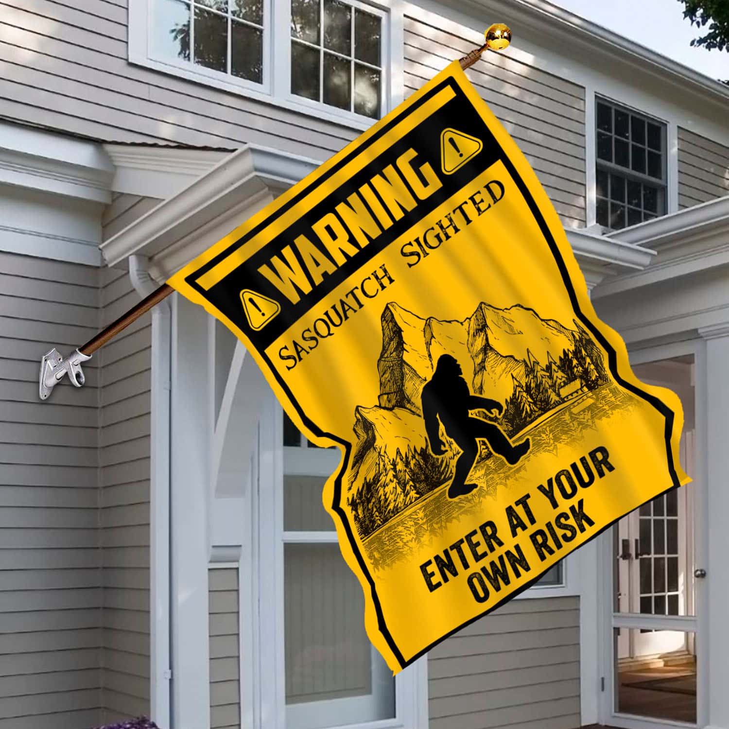 6BN. Sasquatch Sighted 30x40 House Flag Mockup 6