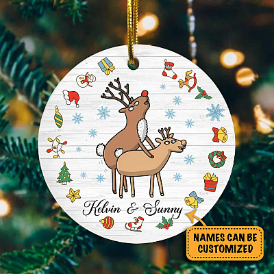 Personalized Names Naughty Dirty Humping Reindeer Christmas Circle Ornament Keepsake - Funny Christmas Couple Deer Ornament