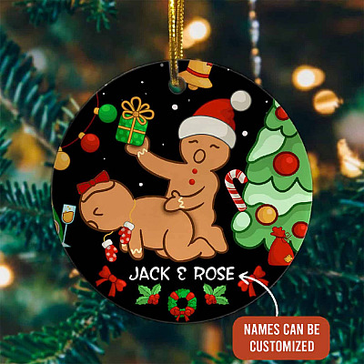 Alternative view of Personalized Couple Name Funny Naughty Dirty Gingerbread Christmas Circle Ornament Keepsake
