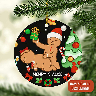 Personalized Couple Name Funny Naughty Dirty Gingerbread Christmas Circle Ornament Keepsake