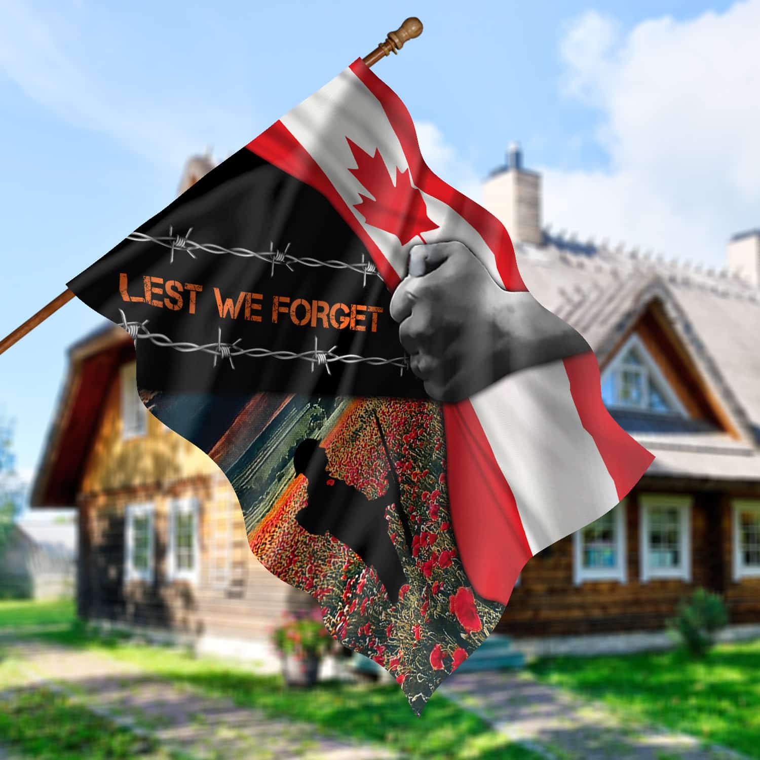 5KT. Lest We Forget Canada Flag 30x40 House Flag Mockup 5
