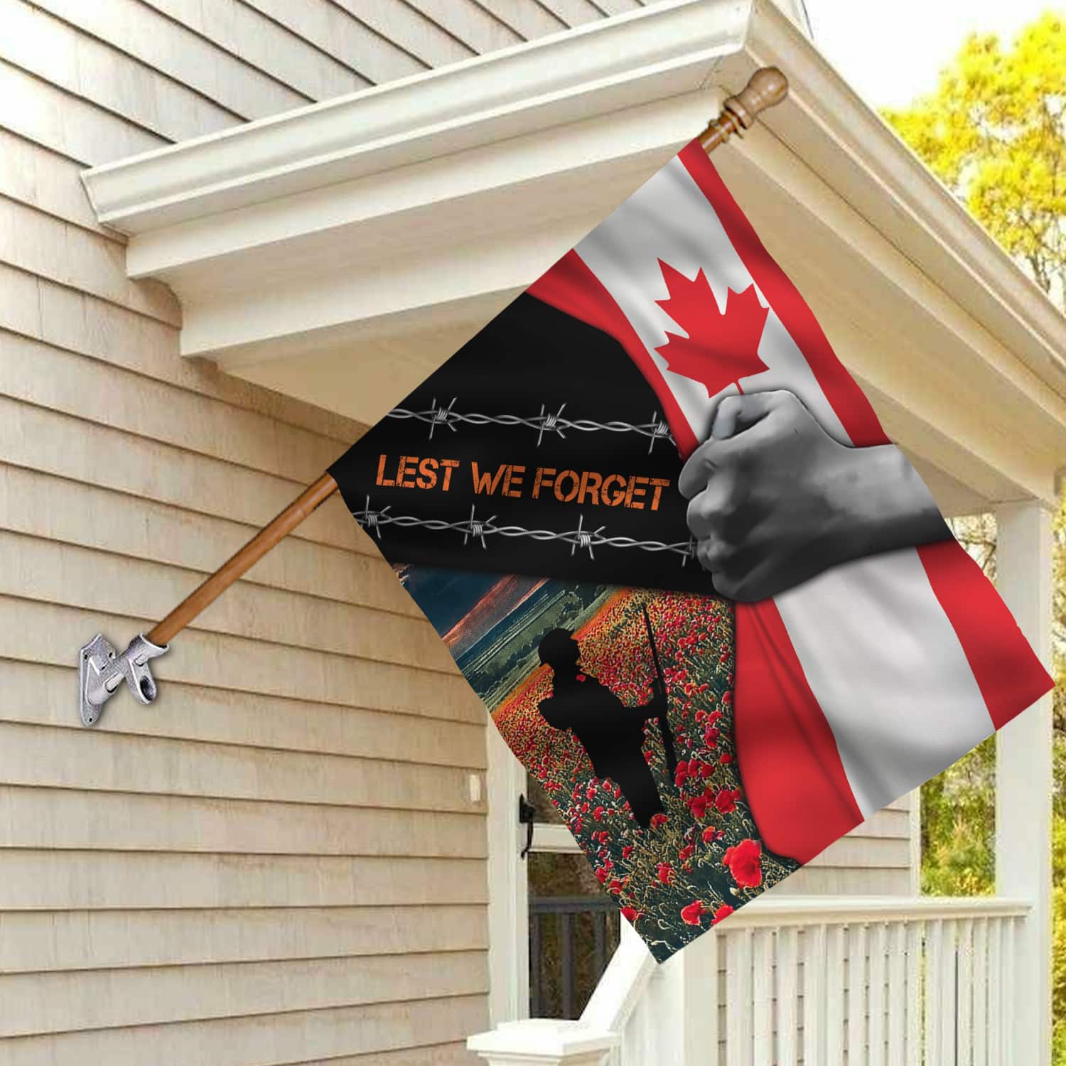 5KT. Lest We Forget Canada Flag 30x40 House Flag Mockup 2