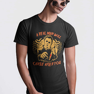 Alternative view of Michael Myers A Real Man Will Chase After You T-shirt - V-neck - Funny Halloween 1978 Shirt