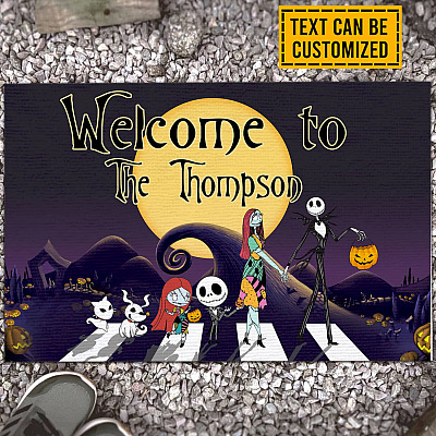 Personalized Family Name Welcome to Nightmare Jack and Sally Pumpkin Halloween Indoor Outdoor Decorative Doormat