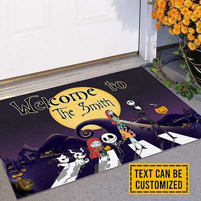 Alternative view of Personalized Family Name Welcome to Nightmare Jack and Sally Pumpkin Halloween Indoor Outdoor Decorative Doormat