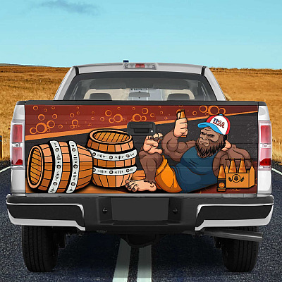Alternative view of Bigfoot Drinking Beer Truck Tailgate Decal Sticker Wrap - Funny Realistic Daryl Sasquatch Graphic Decal Bumper Sticker