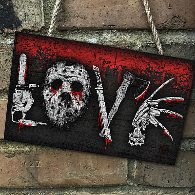 Alternative view of Horror Movie Love Rectangle Wooden Door Sign Hanger - Halloween Front Porch Sign Indoor Outdoor Decoration