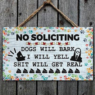 Alternative view of No Soliciting Doorsign - No Soliciting Dogs Will Bark Decorative Wooden Door Sign - Front Porch Sign