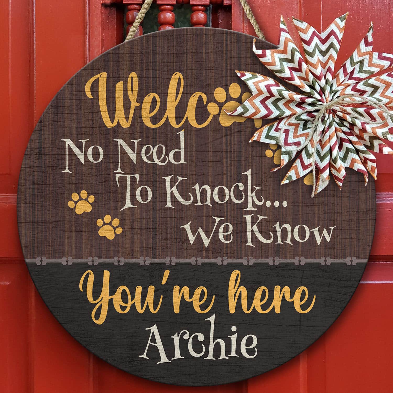 10VT. Dog Welcome No Need To Knock (Sample Design) Door Sign Mockup 10