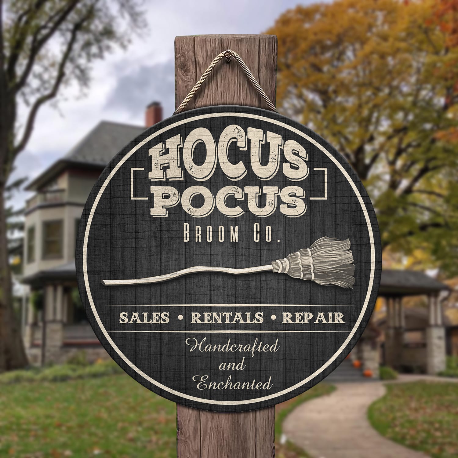 9LV. Hocus Pocus Broom Round (5) Door Sign Mockup 3