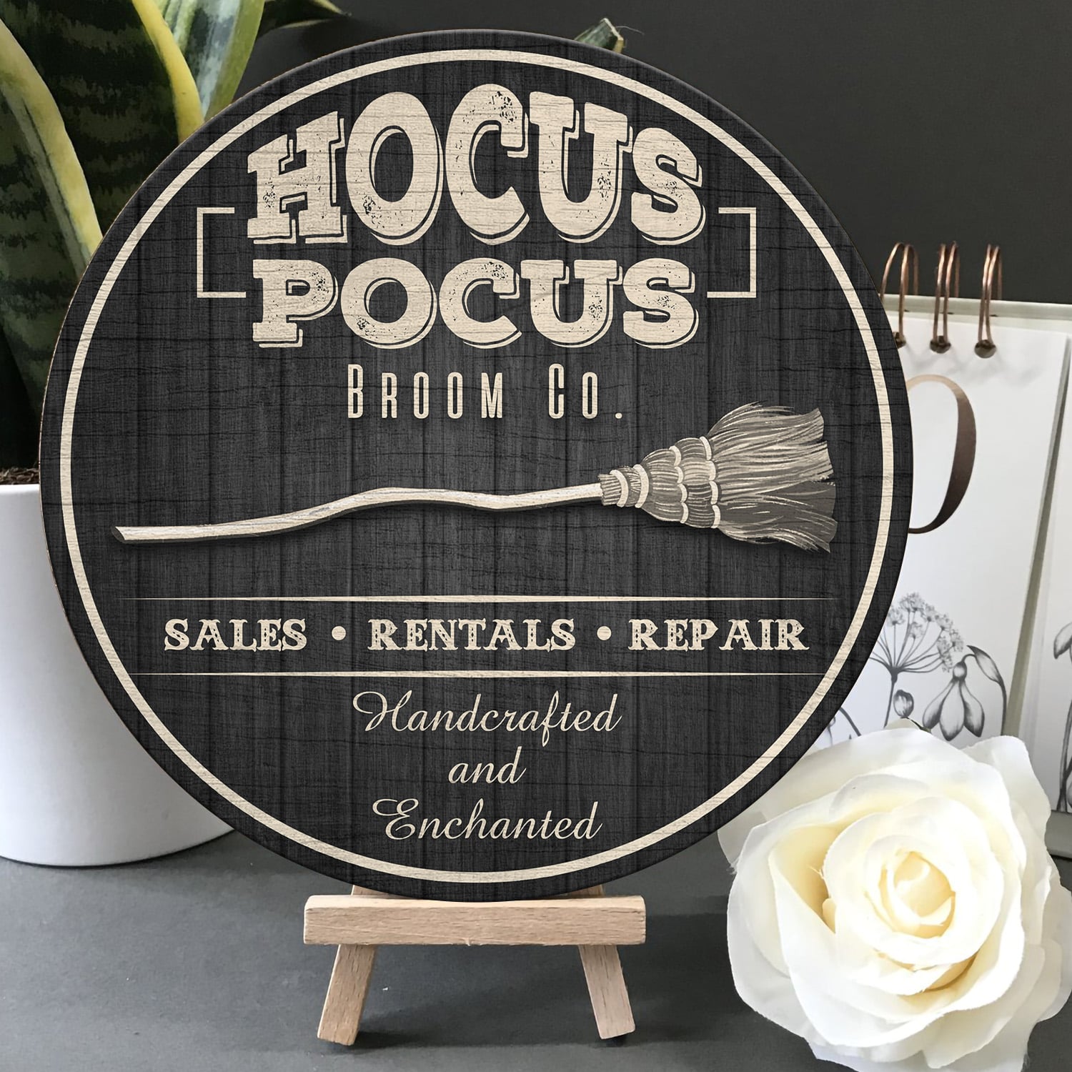 9LV. Hocus Pocus Broom Round (5) Door Sign Mockup 5