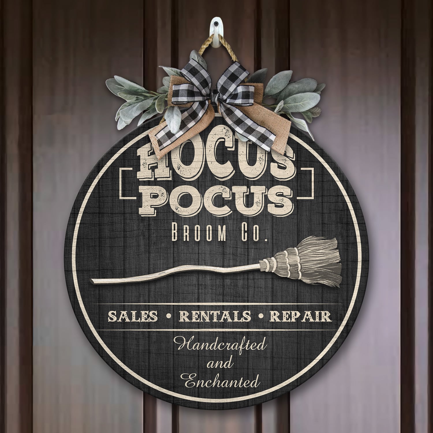 9LV. Hocus Pocus Broom Round (5) Door Sign Mockup 7
