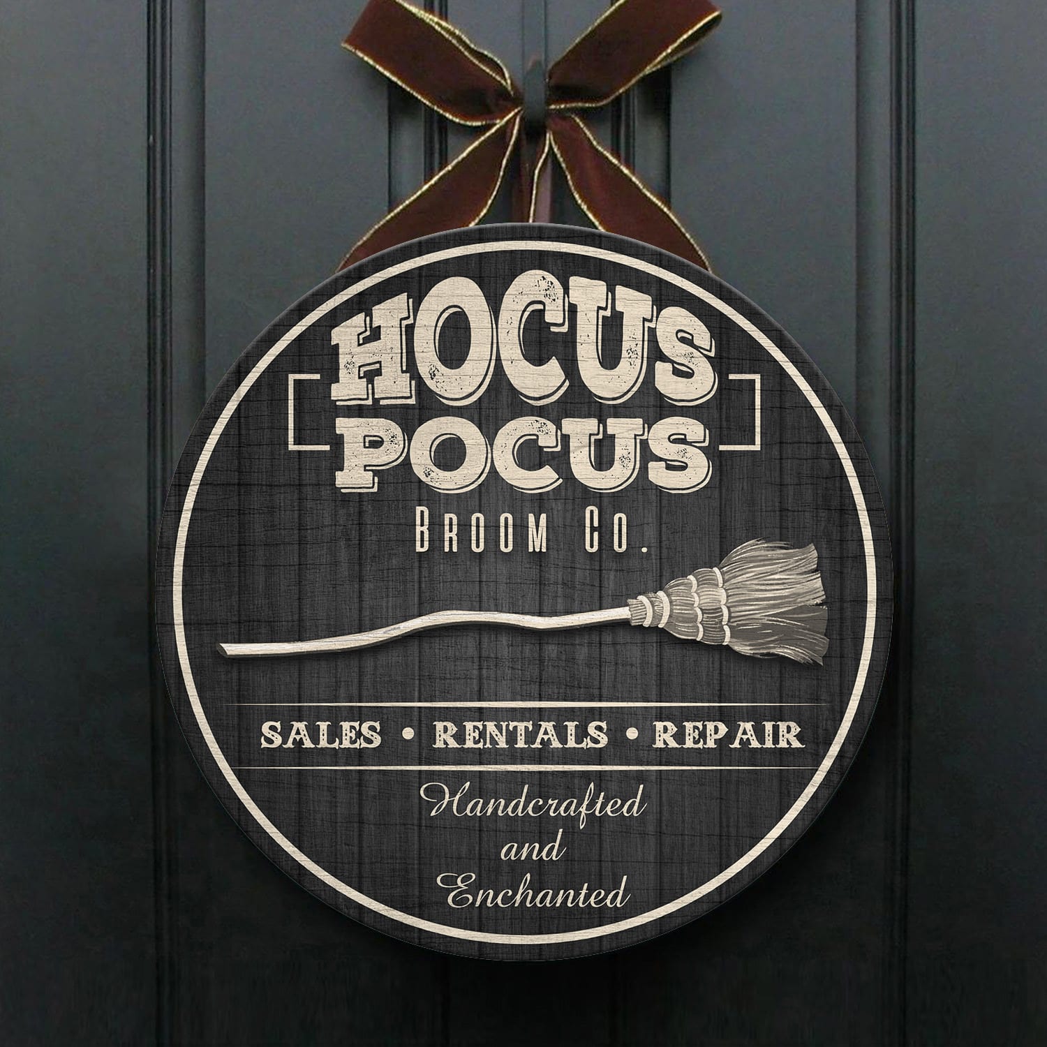 9LV. Hocus Pocus Broom Round (5) Door Sign Mockup 1