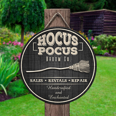 Hocus Pocus Broom Co Handcrafted and Enchanted Decorative Circle Wooden Door Sign-Front Porch Sign Indoor Outdoor Decor