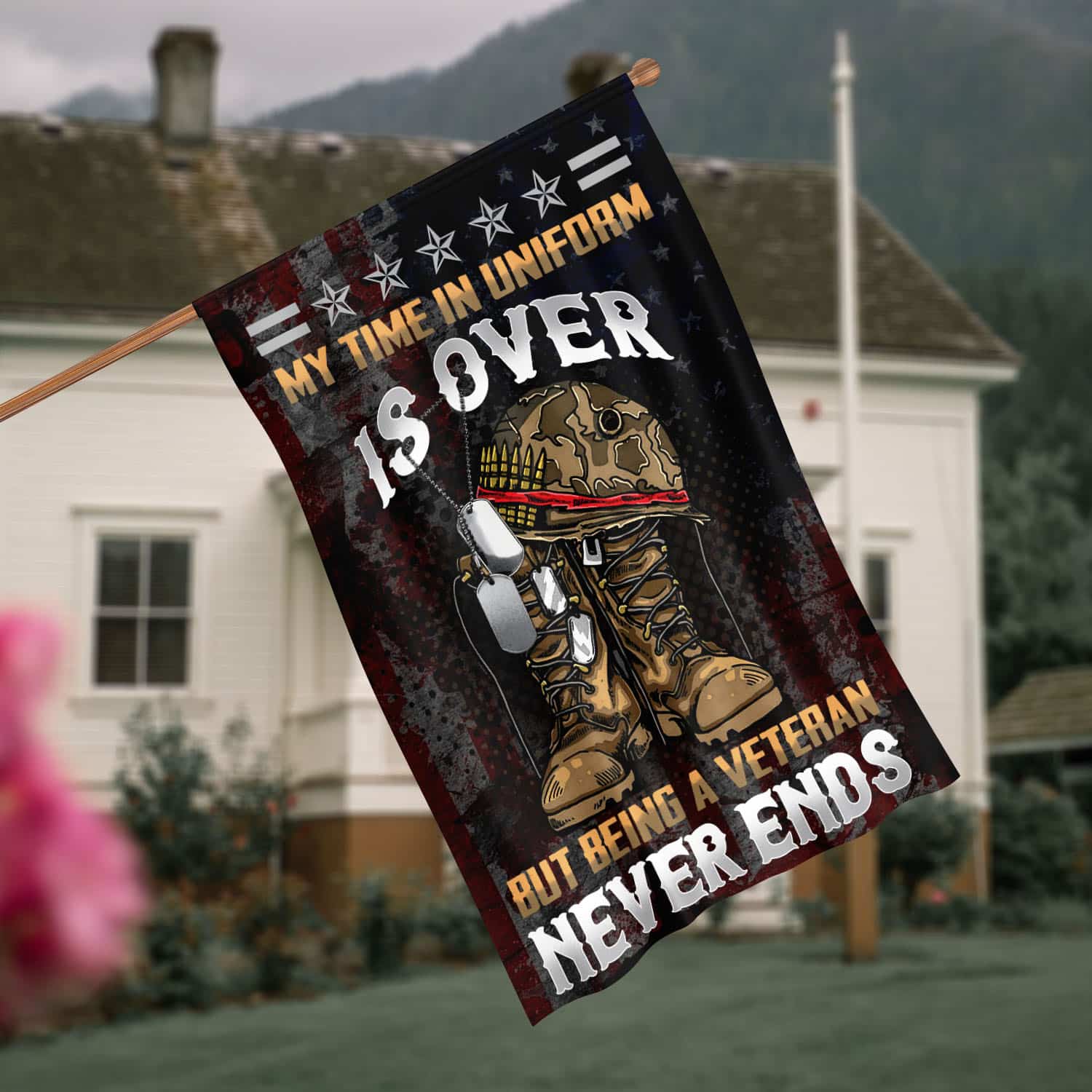 9VT. Veteran My Time In Uniform House Flag Mockup 4