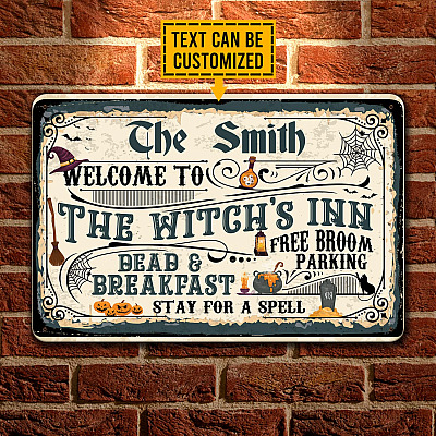 Personalized Name Welcome to The Witch's Inn Free Broom Parking Vintage Decorative Metal Sign - Indoor Outdoor Decor