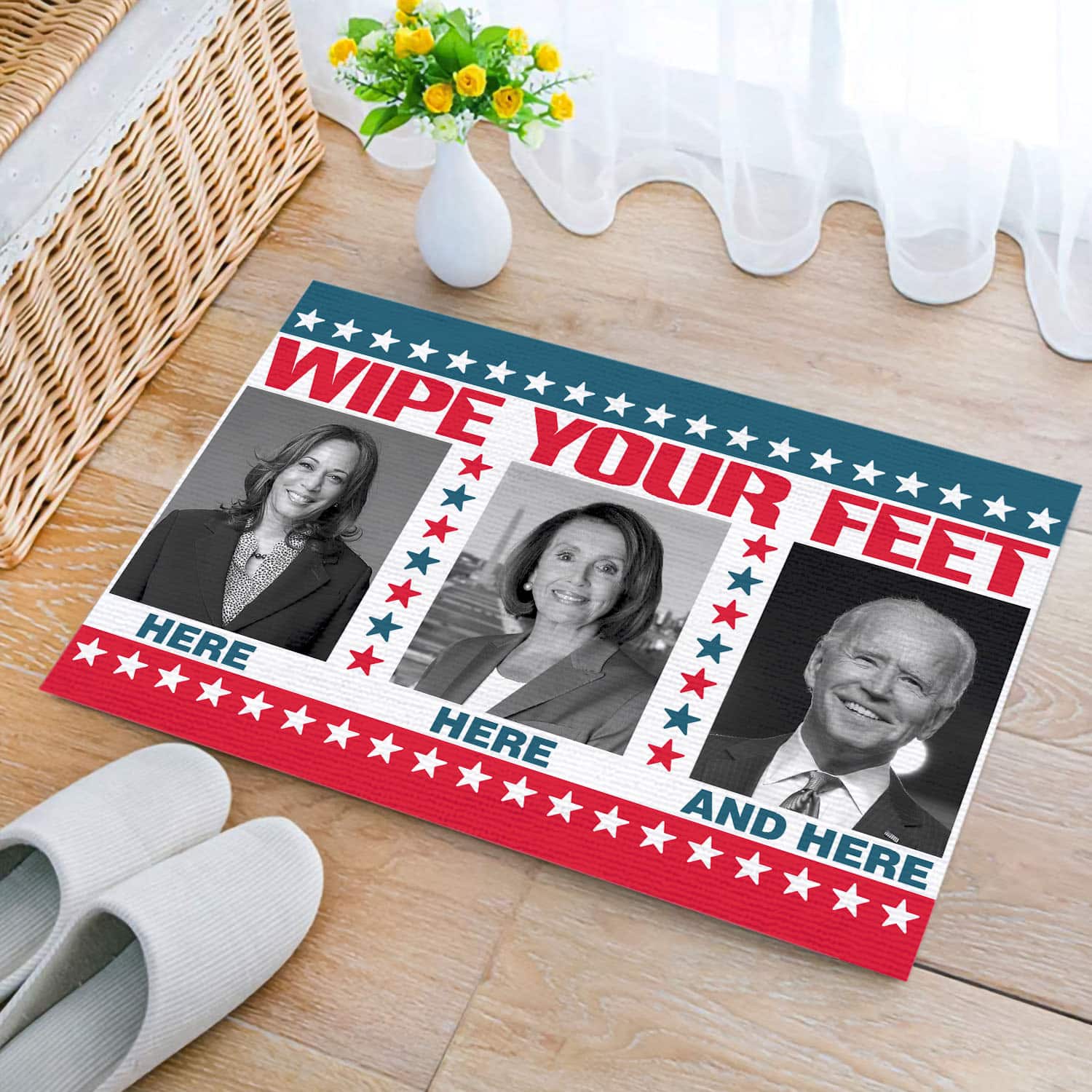 14 HG UU TIEN. Here Here And Here_black white Doormat mockup 2