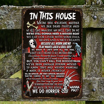 In This House We Do Horror Halloween Movie Characters Vintage Decorative Metal Sign - Indoor Outdoor Decor