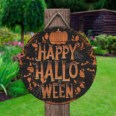 Happy Halloween Pumpkin Circle Wooden Door Sign Hanger - Front Porch Sign Indoor Outdoor Decoration