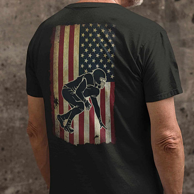 Alternative view of Football Lineman USA Flag Print On Back Only T-Shirt - American Football Shirt