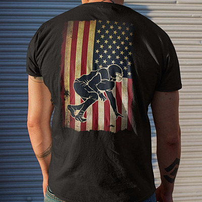 Football Lineman USA Flag Print On Back Only T-Shirt - American Football Shirt