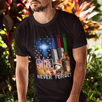 Alternative view of Christian 9/11 We Will Never Forget Twin Towers America T-Shirt - September 11 Patriot Day Shirt