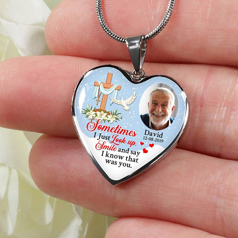 Sometimes I Just Look up Smile and Say I Know that Was You Personalized Photo Memorial Heart Pendant Necklace - Jesus Cross Bangle