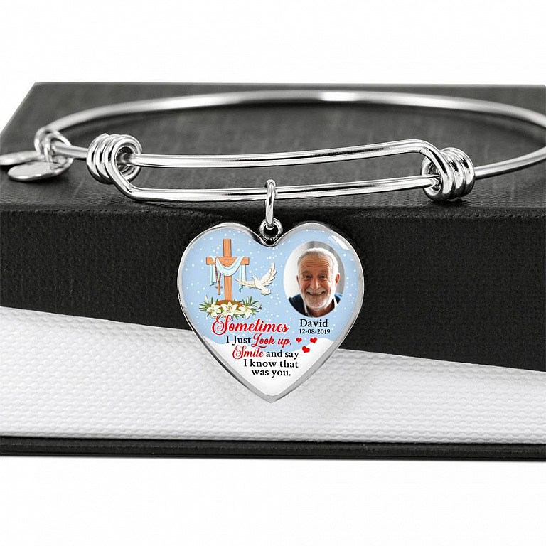 Sometimes I Just Look up Smile and Say I Know that Was You Personalized Photo Memorial Heart Pendant Necklace - Jesus Cross Bangle