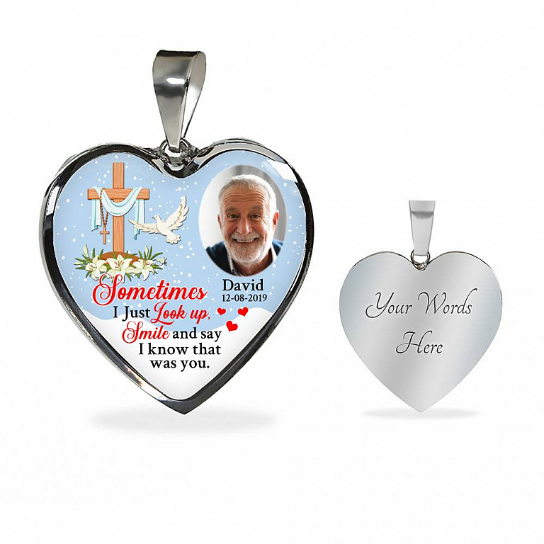 Sometimes I Just Look up Smile and Say I Know that Was You Personalized Photo Memorial Heart Pendant Necklace - Jesus Cross Bangle