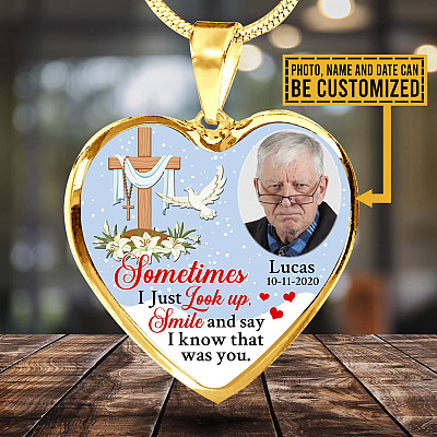 Alternative view of Sometimes I Just Look up Smile and Say I Know that Was You Personalized Photo Memorial Heart Pendant Necklace - Jesus Cross Bangle