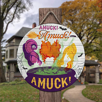 Hocus Amuck Amuck Amuck Decorative Circle Wooden Door Sign - Front Porch Sign Indoor Outdoor Decor