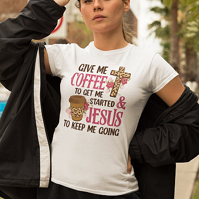 Alternative view of Give Me Coffee To Get Me Started And Jesus To Keep Me Going Leopard Floral T-Shirt - V-Neck Tee