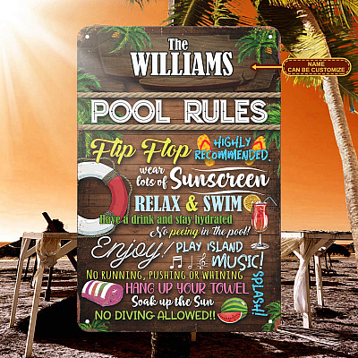 Personalized Name Pool Rules Flip-Flops Recommended Wear Lots Of Sunscreen Metal Sign - Pool sign