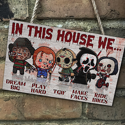 Alternative view of In This House We Love Family Dream Big Like Scary Movies Halloween Characters Wooden Door Sign – Front Porch Sign Indoor Outdoor Decor