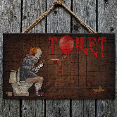Funny Halloween Toilet Sign - In This House We Like IT Scary Clown Halloween Wooden Door Sign – Front Porch Sign Indoor Outdoor Decor