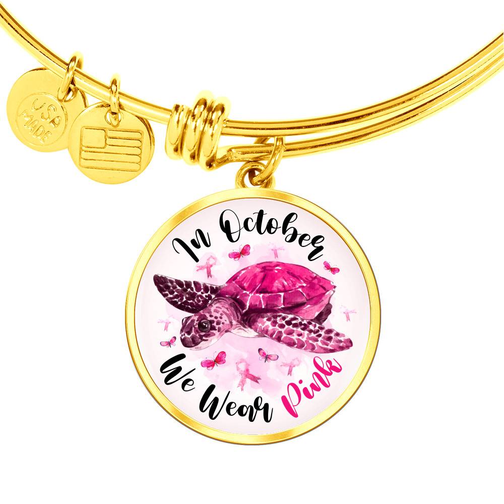 Turtle In October We Wear Pink Circle Breast Cancer Awareness Pendant Necklace - Breast Cancer Survivor Bangle - Circle Luxury Bangle (Gold Plated) Turtle In October We Wear Pink Circle Breast Cancer Awareness Pendant Necklace - Breast Cancer Survivor Bangle - Circle Luxury Bangle (Gold Plated)
